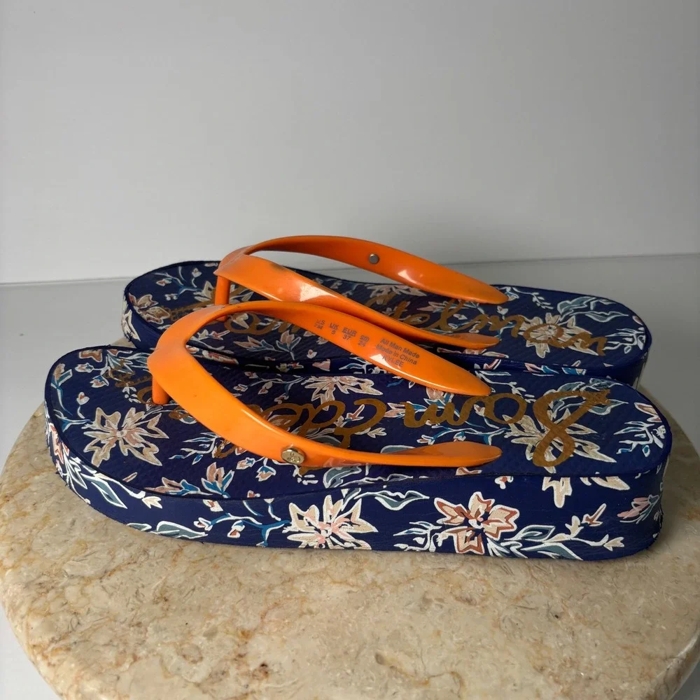 Sam Edelman Kylee Platform Flip Flops 7M Navy Orange Floral Wedge Sandals Y2K